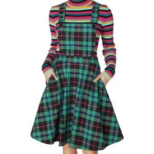 Revival Green Black Gingham Plaid Overall Pinafore Midi Dress size 12 NEW Tags